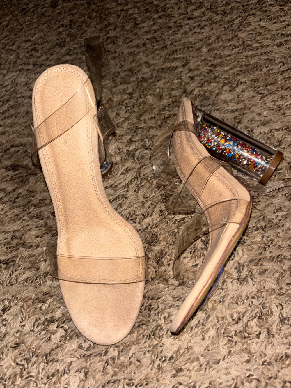 Charlotte Russe Nude Heeled Sandals with Confetti Lucite Heel